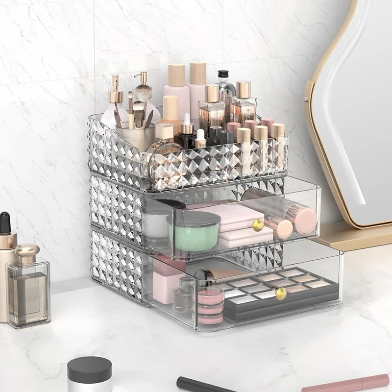 Stackable Clear Acrylic Cosmetic Storage Box Vanity Makeup Organizer w/ Drawer Tray for Lipstick Eyeshadow Skincare Display Case
