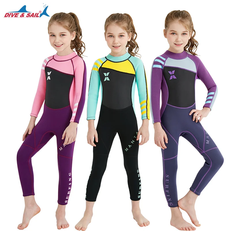 OEM Kids wet suit Girls  Full girls  Long Sleeve Child Scuba Surf One-Piece Sun Protection 2.5mm wetsuit for Water Sport