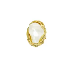 Modern Ladies Fashion Tarnish Free Gold Adjustable Big Freshwater Baroque Pearl Ring