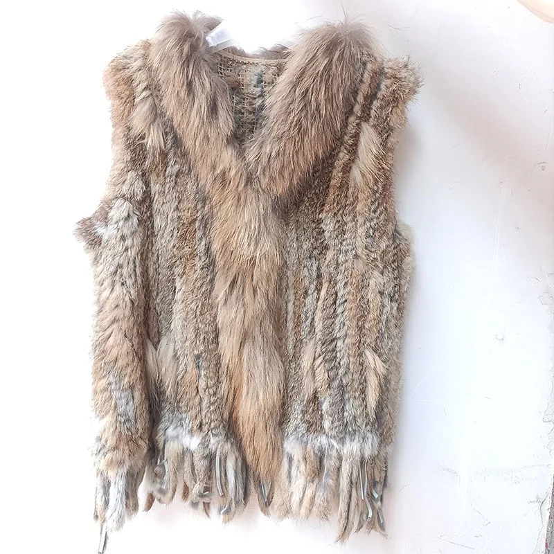 Hot sale Knitted Real Natural Rabbit Fur Gilet Women Fashion Genuine Fur Vest With Tassel Female Sleeveless Waistcoat