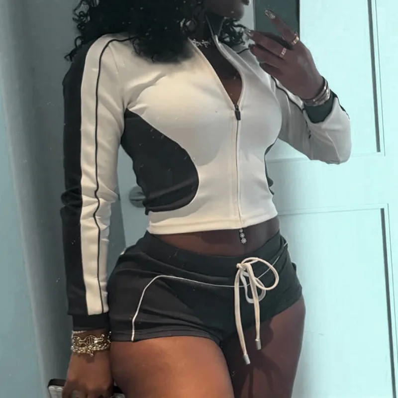 Custom Women Two Piece Sets 2025 Jersey Basic Loungewear Contrast  Shorts  Piping Details  Zip Jacket Track Shorts Set