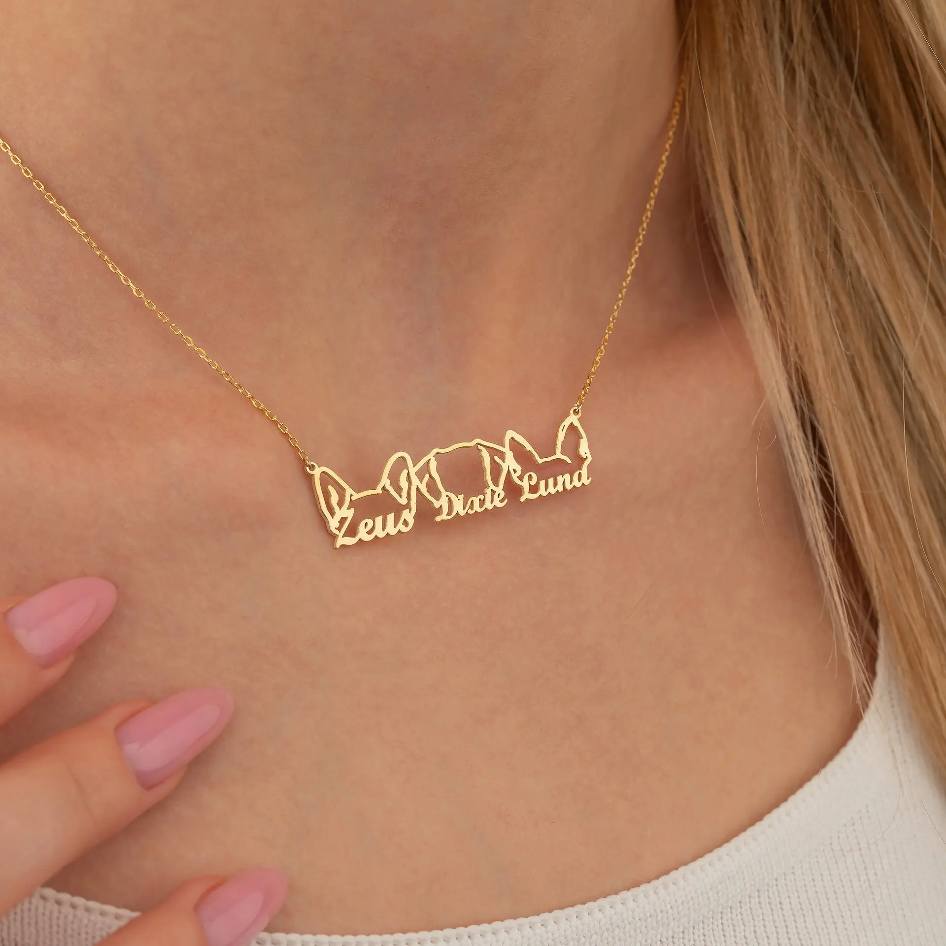 Customized Stainless Steel Name Engraved Cat and Dog Ear Pendant Necklace