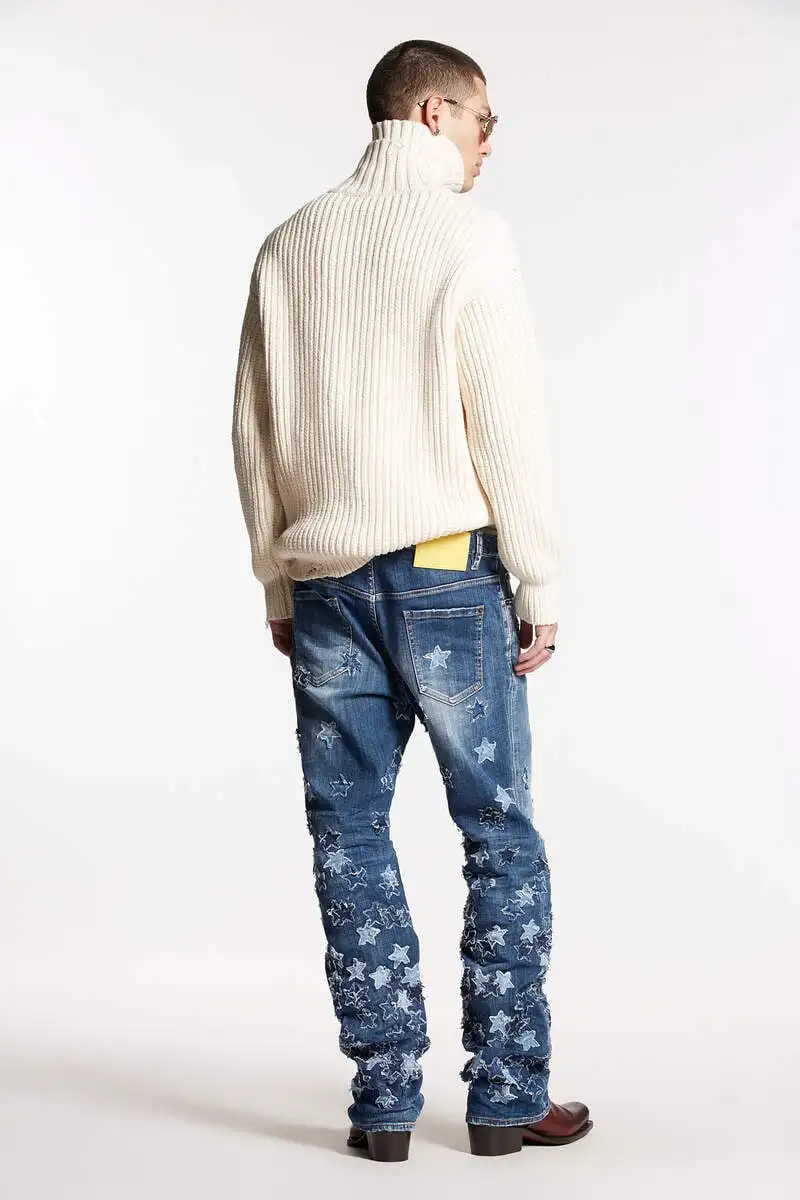 Medium Stars Wash Roadie Jeans Embroidered Patches Stretch Cotton Boot Cut Denim Jeans Men
