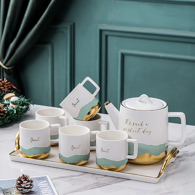 
Fashion Nordic Style Water Ripple Elegant Cafe Hotel Teapot Pot Sets Tray Ceramic Coffee Tea Set 