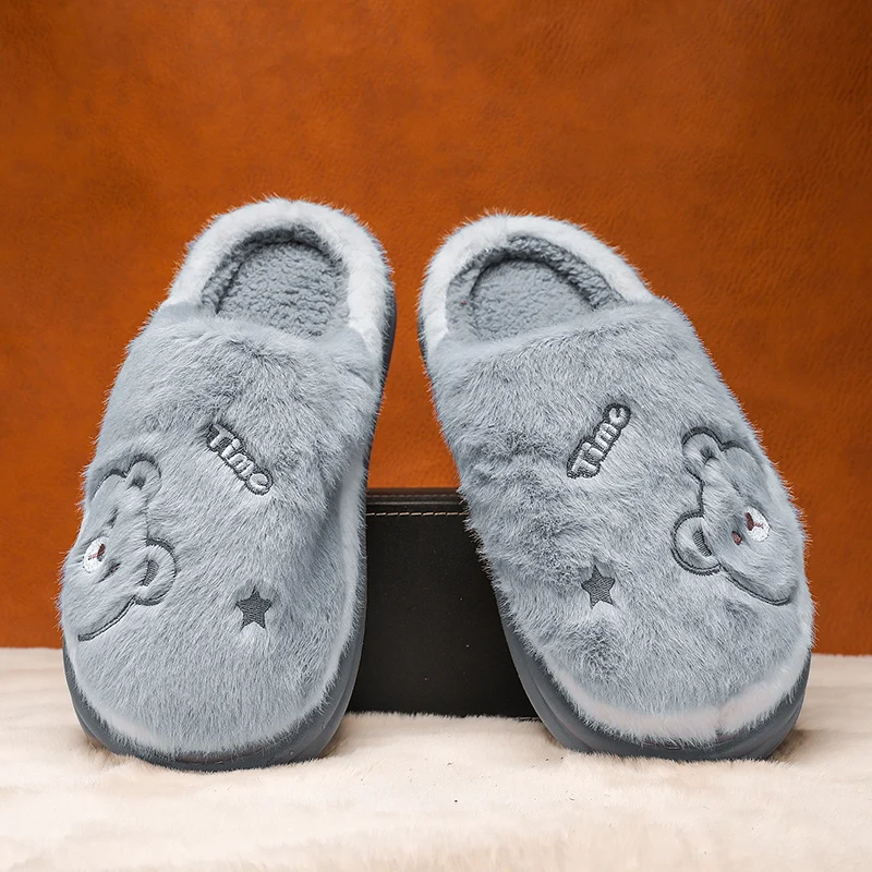 Wholesale Winter Indoor Non-slip Warm Thick Cotton Cute Cartoon Bear Plush Home Slippers For Men Boys