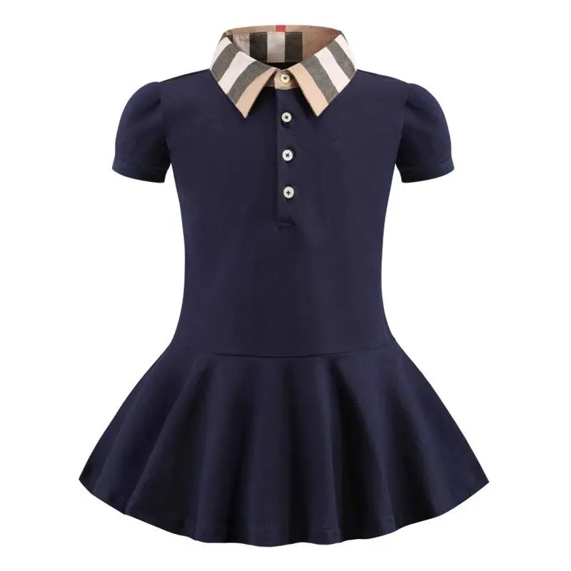 
Summer girls elegant dresses short sleeve turn down collar designer cotton baby kids clothing dress 