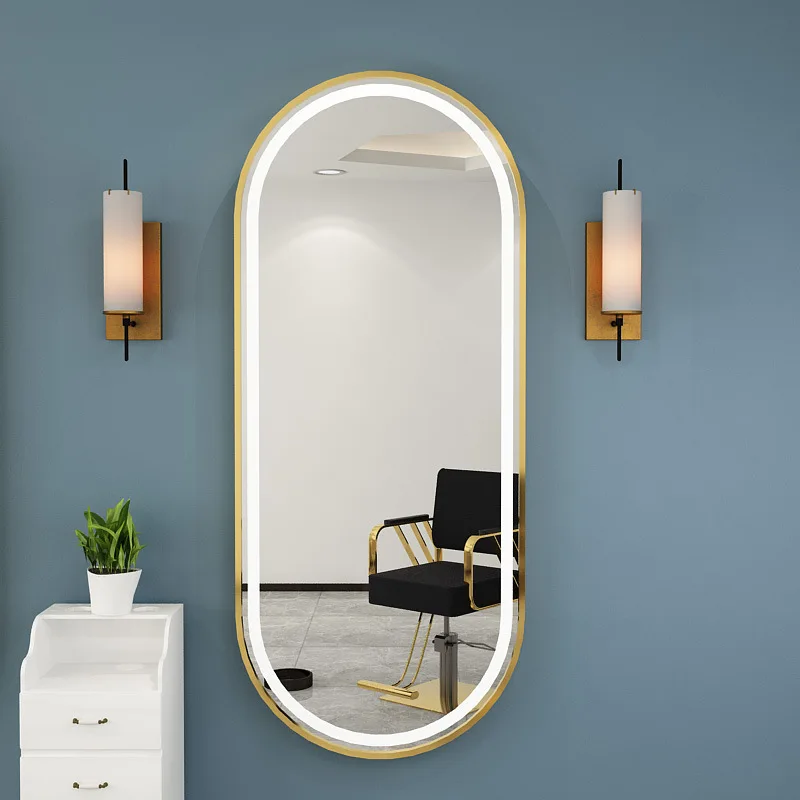 European Style Wall-Mounted Barber Shop Hair Cutting Mirror Modern LED Light Simple Glass Salon Mirror