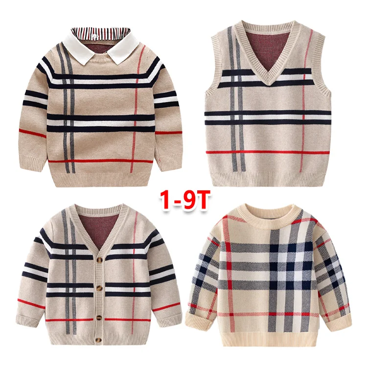 1-9T Toddler Kid Boy Clothes Spring Pullover Jacquard Knitted Sweater Cardigan Shirts Tank Tops Plaid Sweater