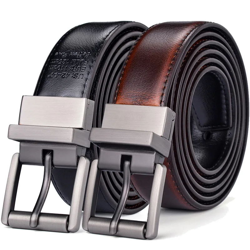 Female Leather Belt 2.8CM Black and Cognac Reversible Genuine Leather Belts for Women with Rotated Buckle