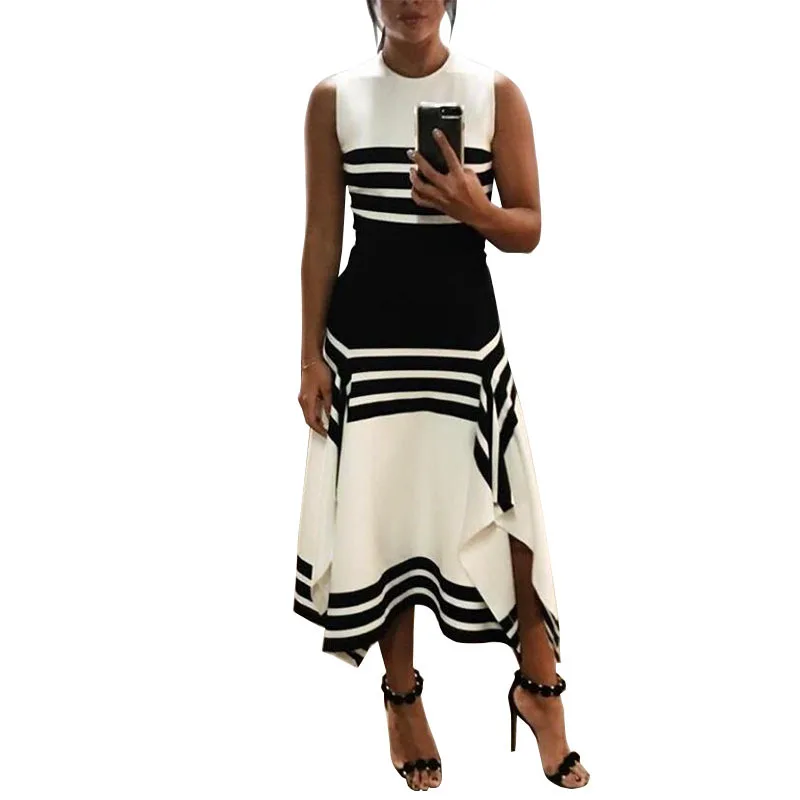 summer new fashion sleeveless round neck striped black and white stitching dress casual bottoming skirt