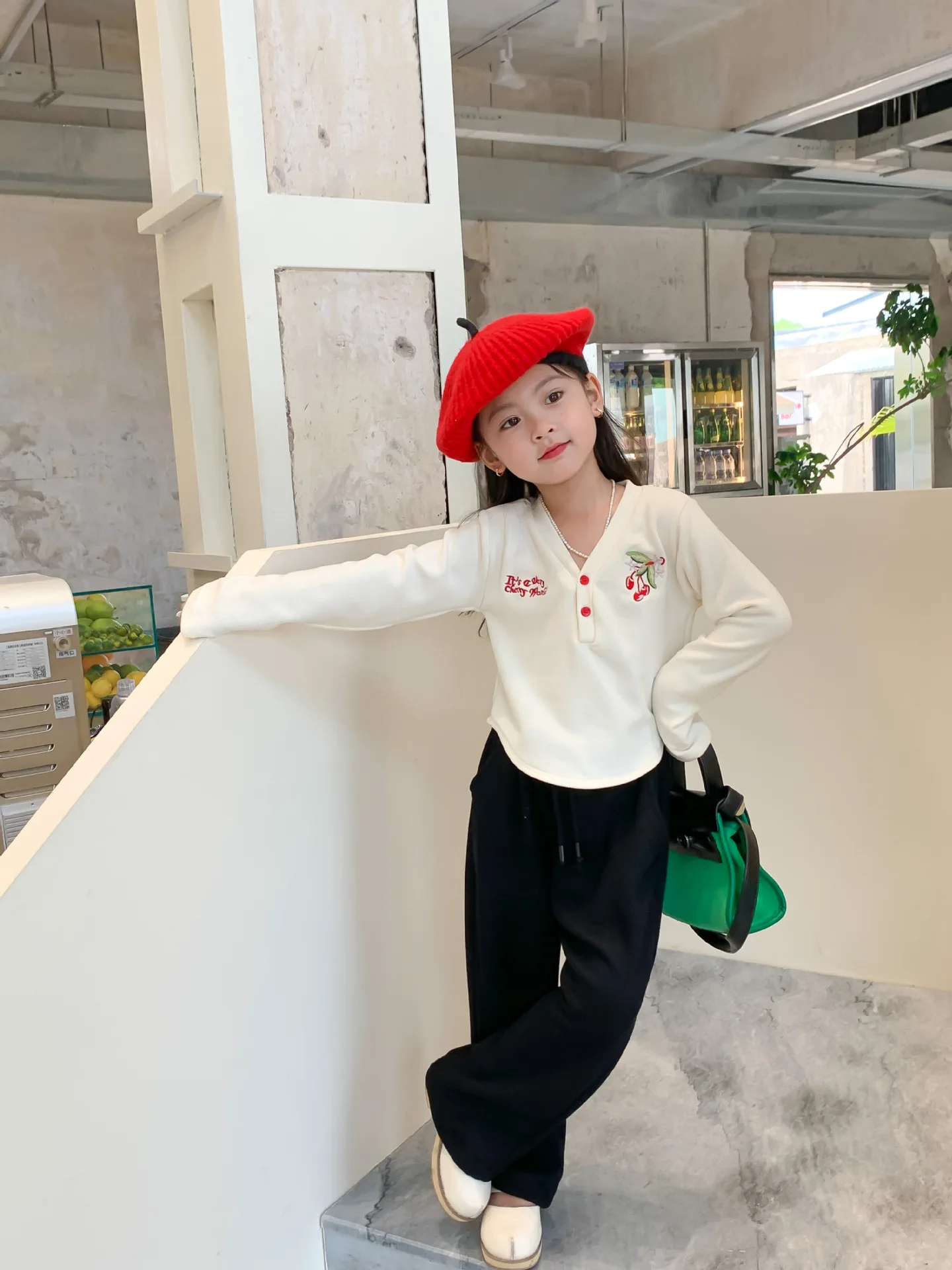 2022 autumn new arrival infant girls V neck fleece child baby clothing embroidery cherry casual outfit 603X22193033