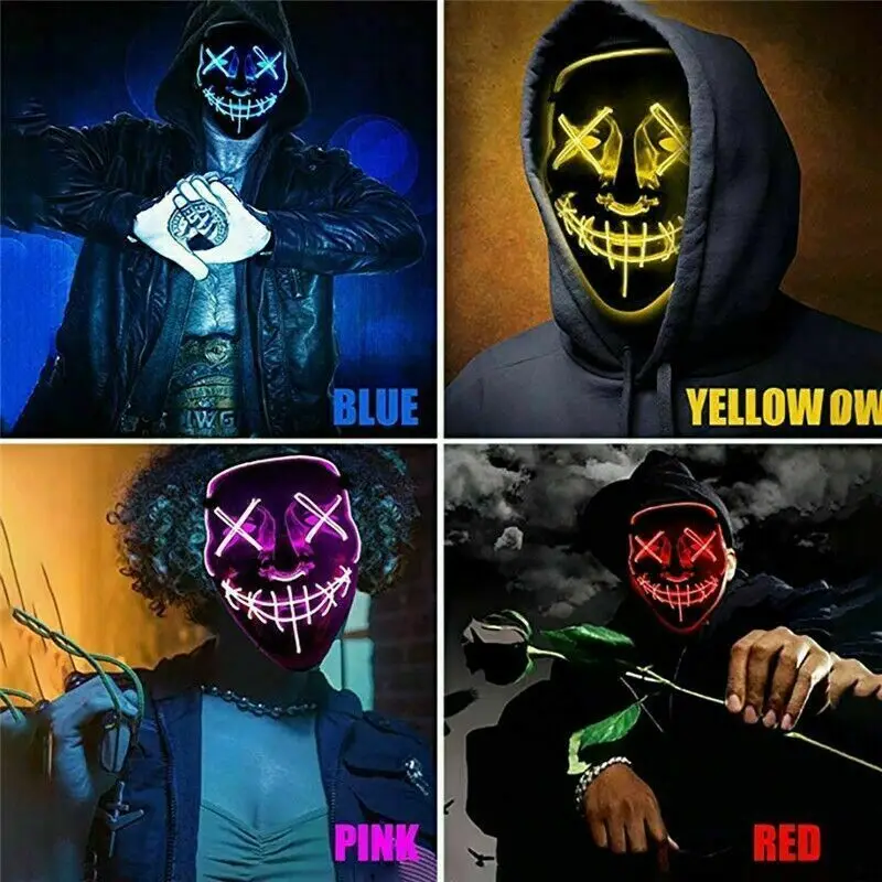 2024 Hot Sale  LED Glowing Halloween Party Mask PVC Horror Facepiece Light Up Scary EL Wire Black V Halloween Mask