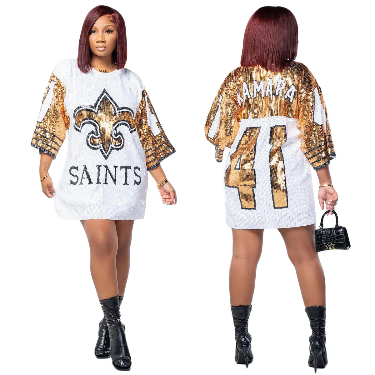 Z122060 2022 free size summer sequin t-shirt dress tshirt clothing Plus Size black and gold new orleans saint sequin dress women