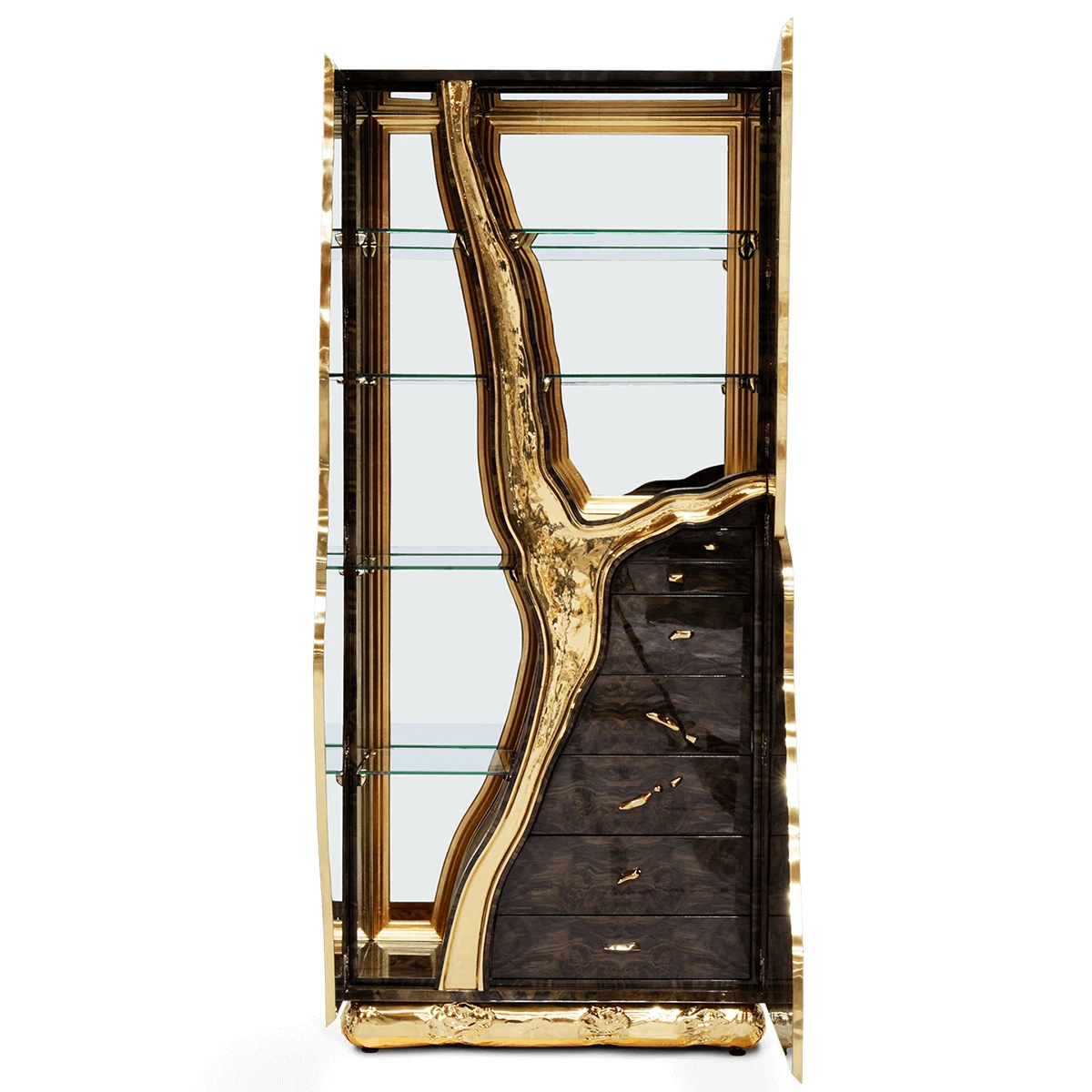 Contemporary Karst-Inspired Cabinet - Walnut Veneer, Polished Brass, Poplar Root Interior
