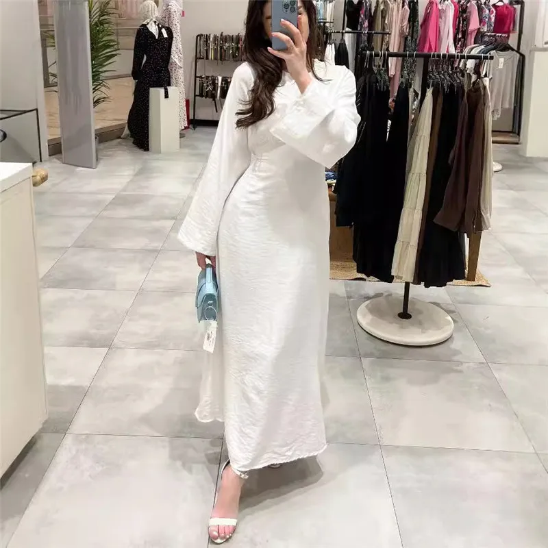 Modest Elegant Floor Length Tee Dress Ladies Slim Plain Long Sleeve Abaya Cotton Linen Maxi Muslim Dresses For Women
