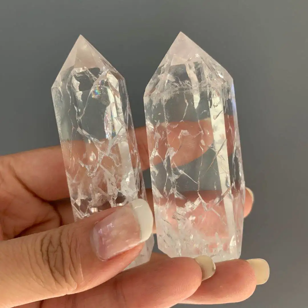 Natural Crystal Polished Fire And Ice Crackled Quartz Point Fengshui Wand Healings Reiki Crystal Stone