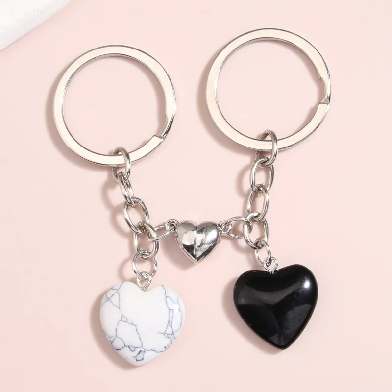 New Design keyring De Piedra Metal Natural Crystal Quartz Stone Magnetic Heart Key Ring For DIY Jewelry