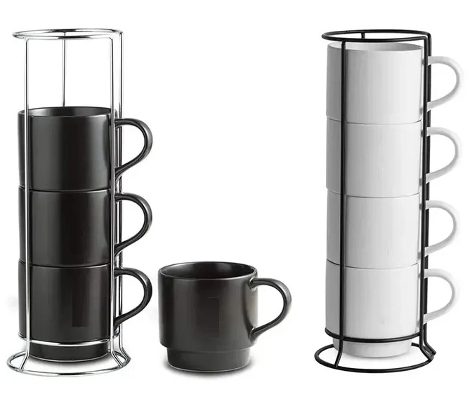 Hot   Ceramic Coffee Cup Set Of 4 Black Matte Black Stackable Tea Cocoa Milk Gift Mug Set With Rack