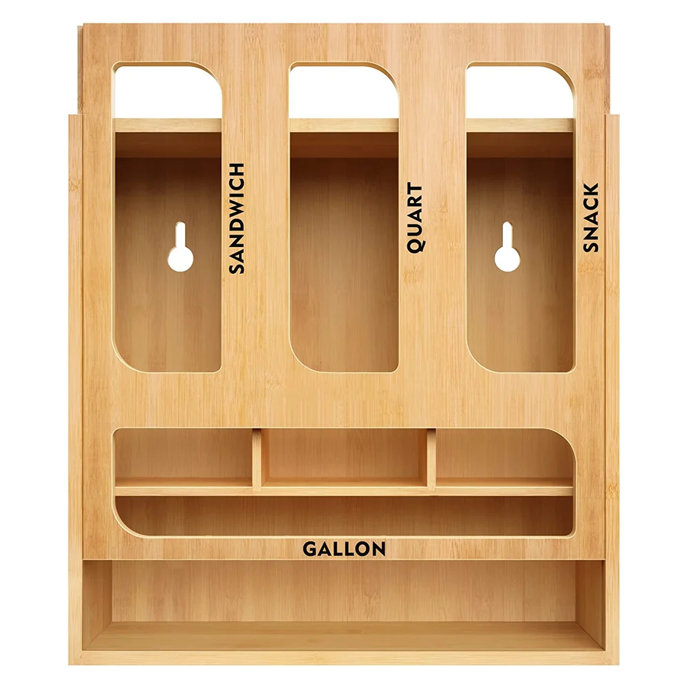 Natural Bamboo Ziplock Bag Storage Organizer Drawer Organizer Wooden Customized Box Prezito Bamboo Ziplock Bag Organizer