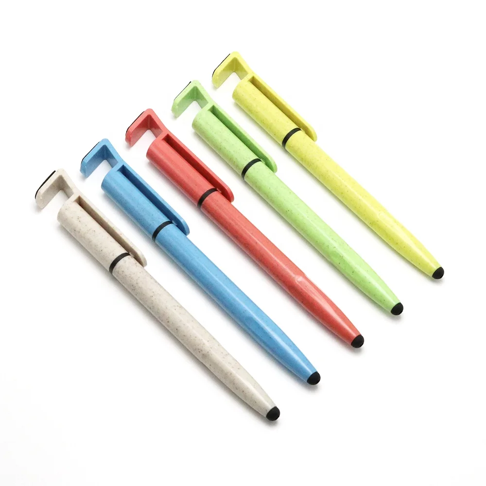 promotional eco friendly wheat straw twist action ball pen with stylus phone holder and screen wipe