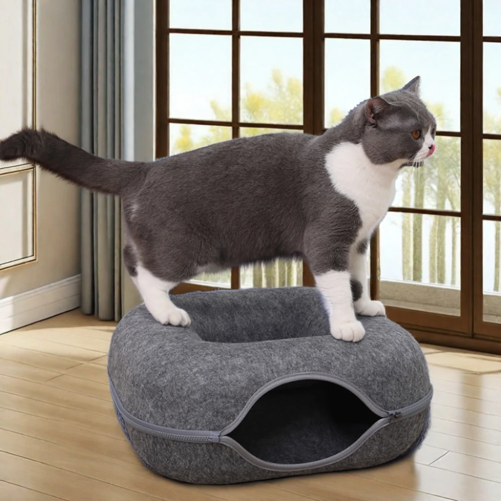 Hot Sale Ventilated Removable Cat Tunnel Semi Enclosed Donut Cute Felt Cat Bed