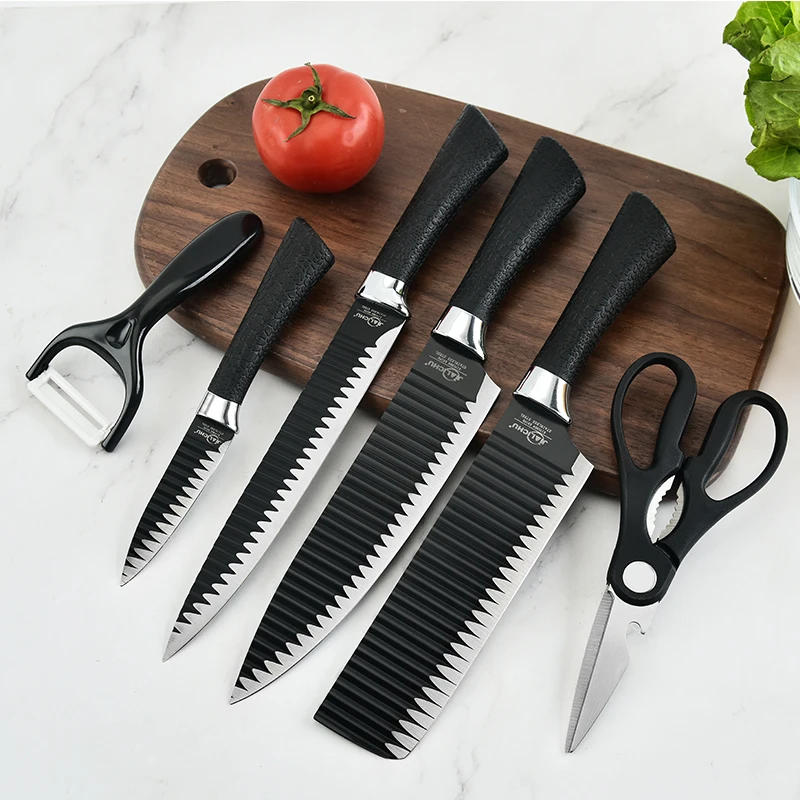 Feixiong Wholesale 6PCS Non Stick Stainless Steel Kitchen Knife Set With Scissor Coating Chef Knife Kitchen Knives