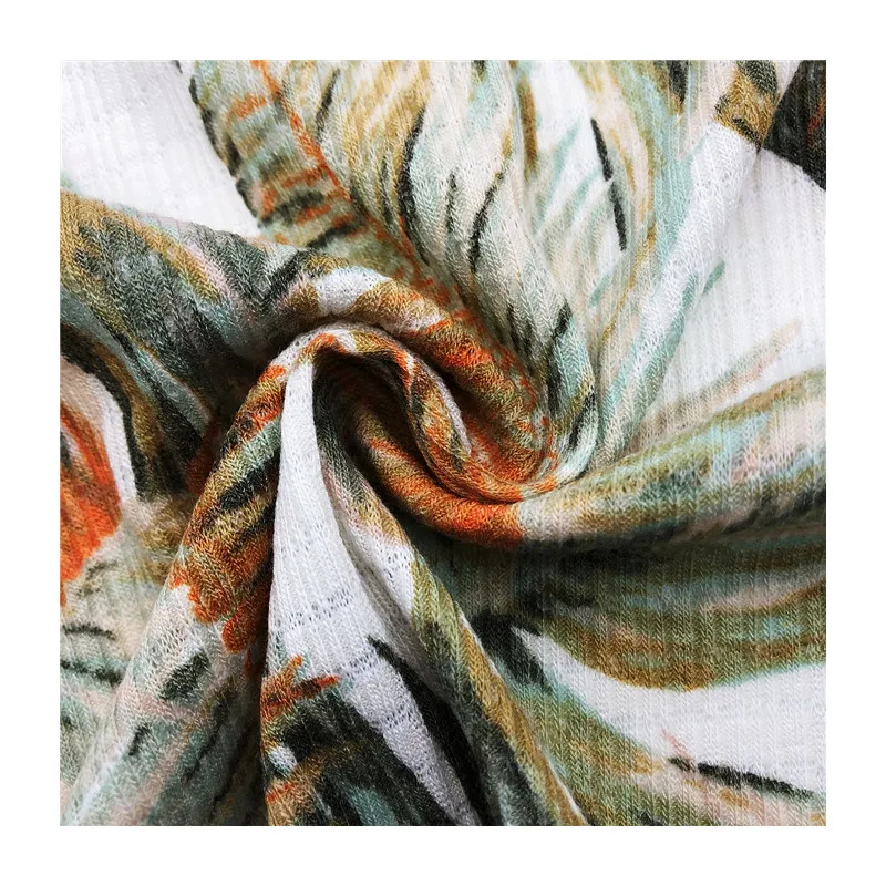 Hot sale Sublimation Palm leaf design knitted fabric 185gsm TR stretch printed baby rib fabric for garment