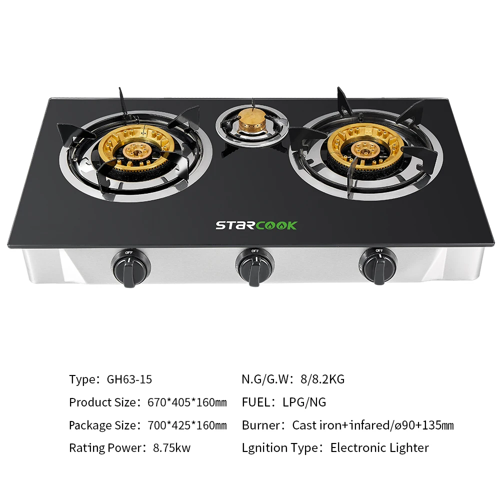 3 Burner Glass Top 130mm Big Burner Gas Stove Lpg GAS Cooker