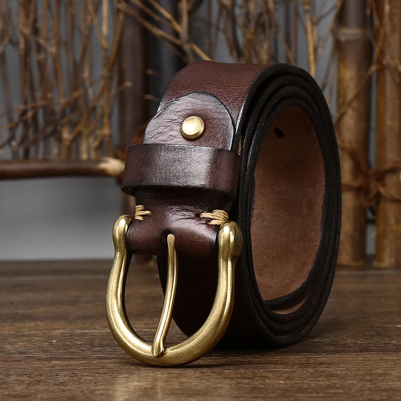 Retro fashion personality trend head layer pure cowhide leather belt male leather copper buckle Korean casual denim belt