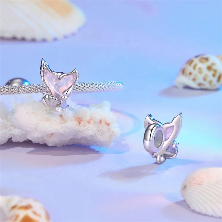 Youchuang custom fishtail pink diy pearl gemstone charm summer bling 925 silver luxury bracelet beads charms for jewelry making
