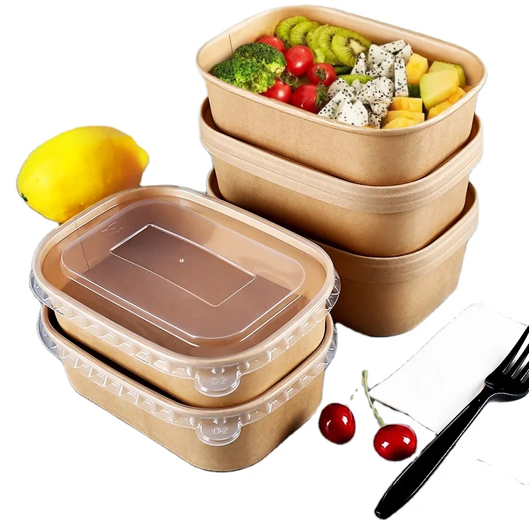 Factory Cheapest Rectangle Food Kraft Paper Bowl Salad With Paper Container lid