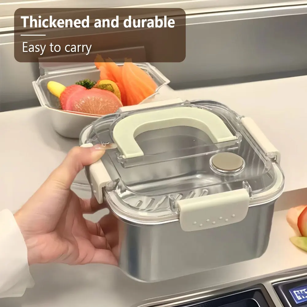 Leak Proof Stainless Steel Lunch Box with Utensils for Girl Boy School Office Square Bento Box Kids with Handle Microwave Safe