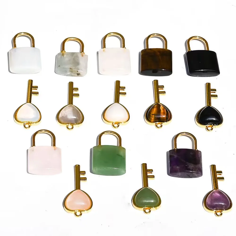 Natural stone Love key lock pendant necklace gemstone jewelry