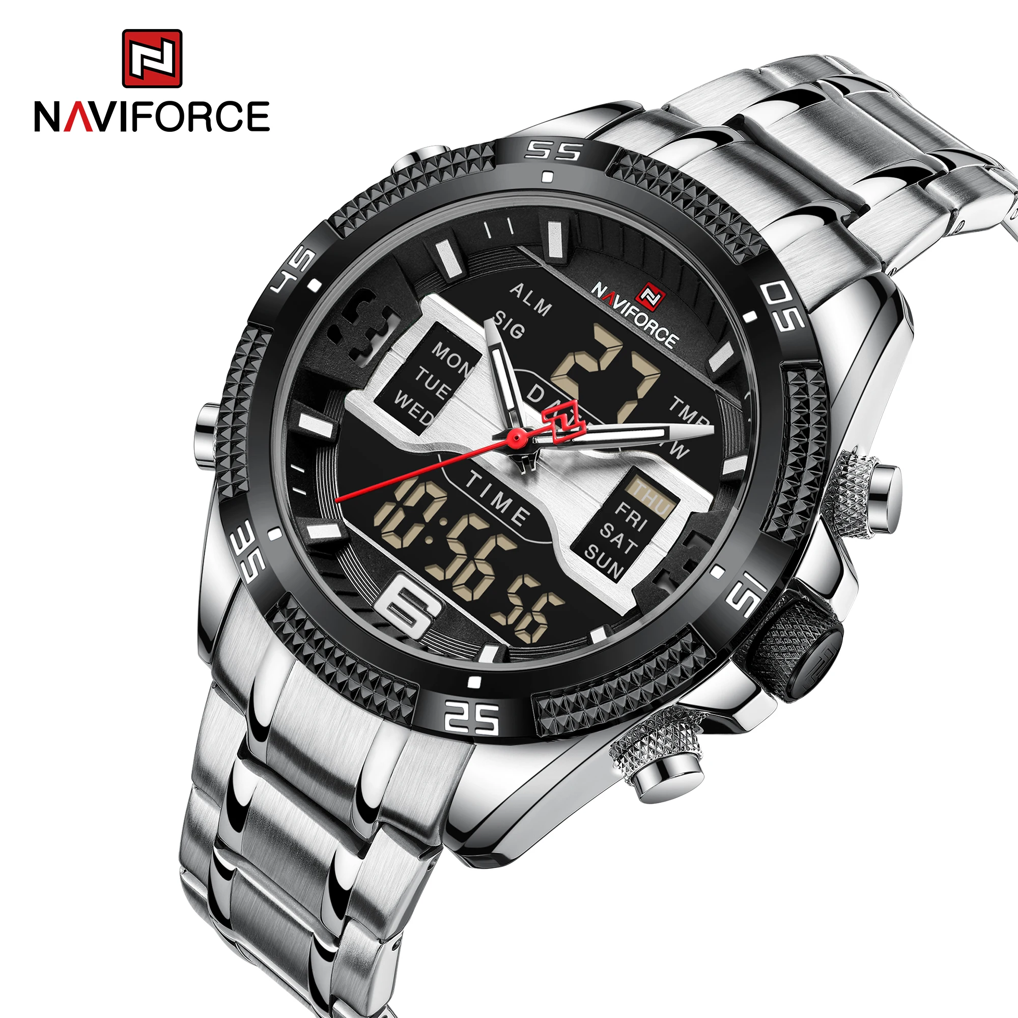 Часы наручные NAVIFORCE Мужские кварцевые люксовые Брендовые спортивные цифровые аналоговые водонепроницаемые с двойным дисплеем 9201