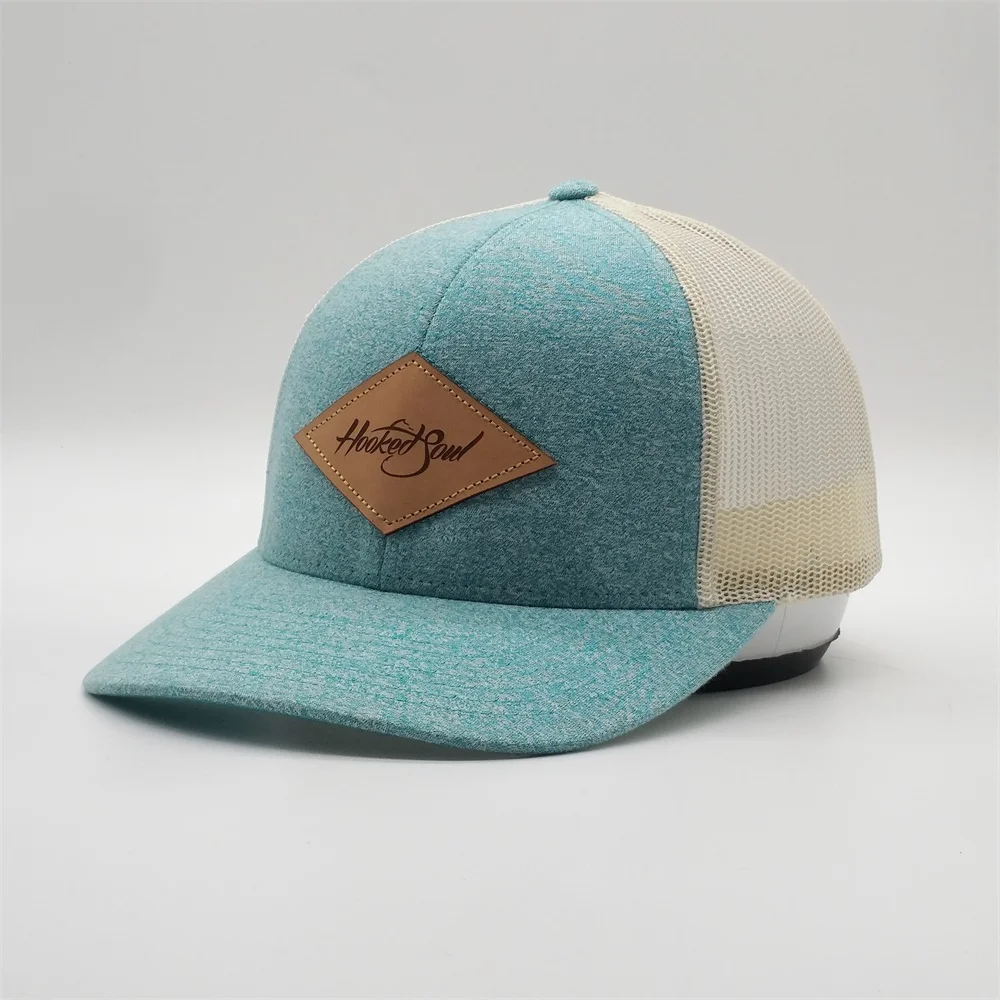 Custom High Quality 6 Panel Richardson 112 Low Profile Pre Curved Soft Fabric Mesh Snap Back Cap Trucker Hat With Leather Patch