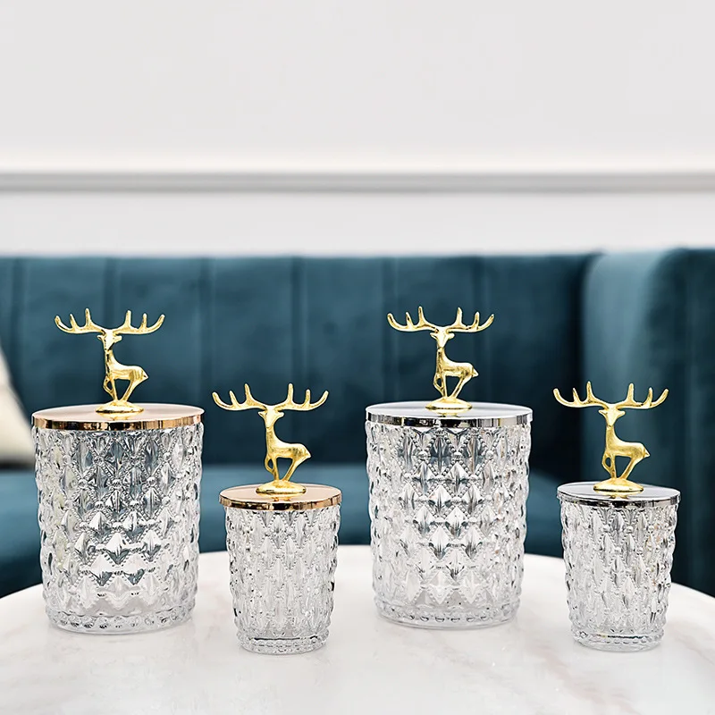 North European and American style metal deer head crystal glass decoration candy storage box food container cheap glass jars