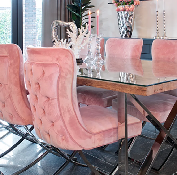 
UK Style Button Decoration Velvet Dining Chair Stainless Steel Chrome Dining Room Chair 