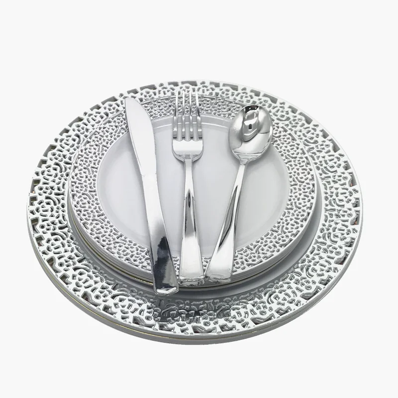 Gold Lace Design 125 Piece Plastic Disposable Dinnerware Set