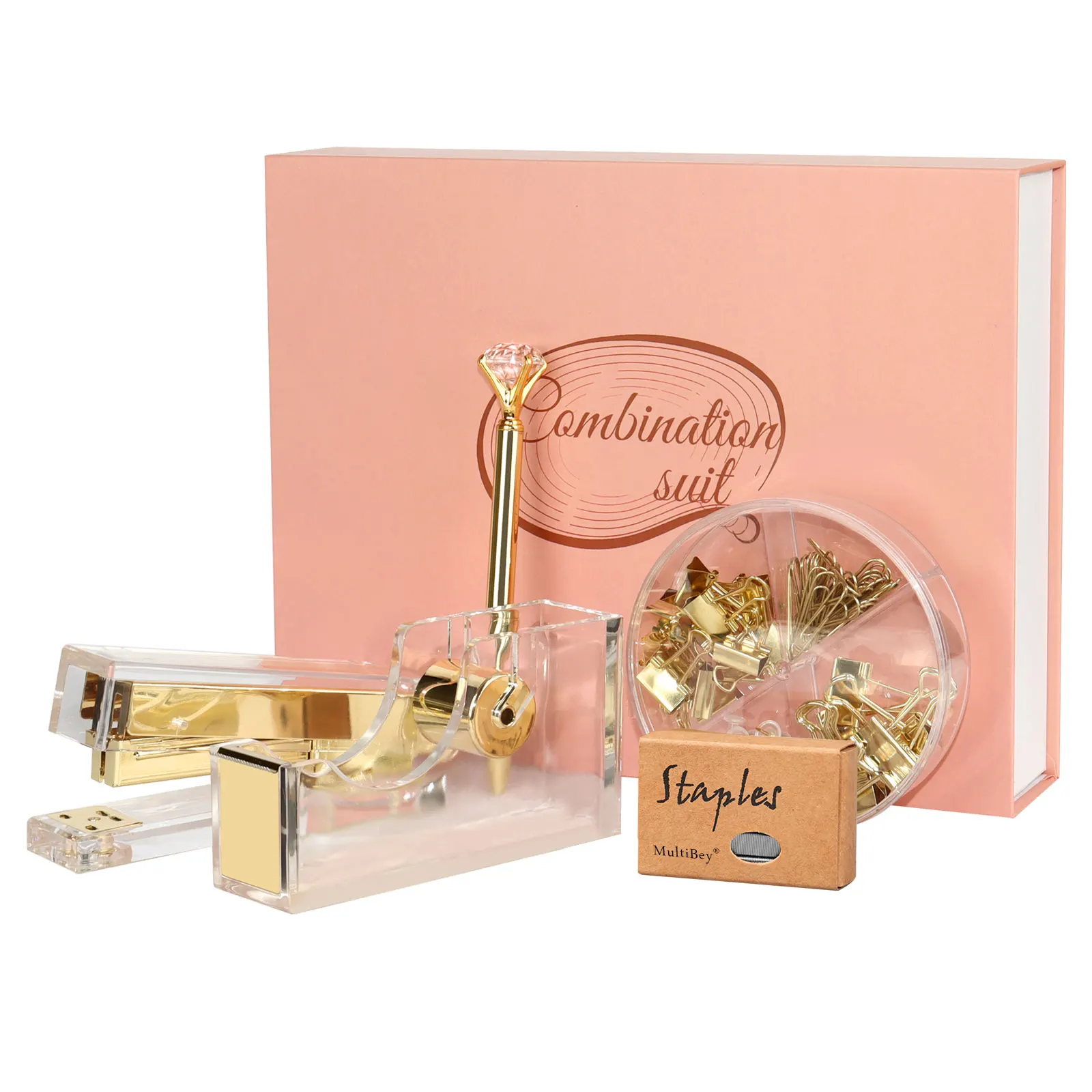 Acrylic Clear Stapler And Tape dispenser Stationery Gift Desk Sets Office Organizer Sets Desk Accessories Gold