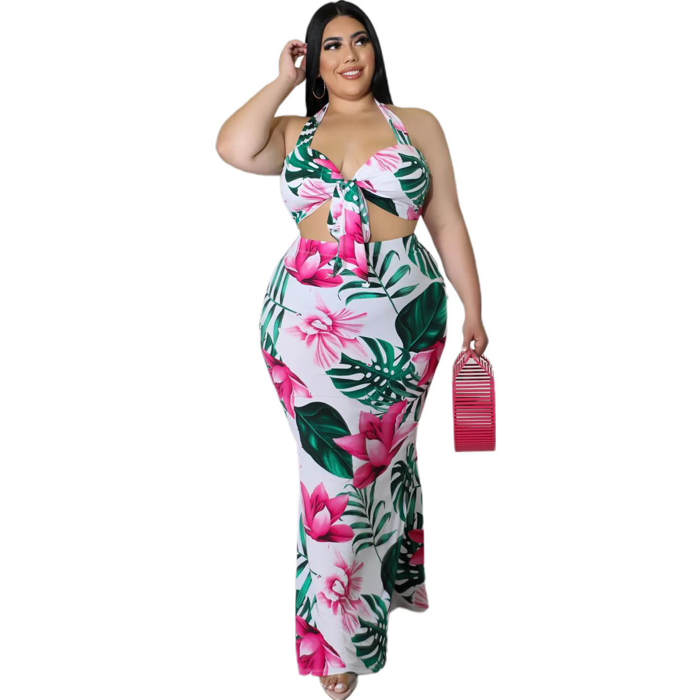 BA731  2022 New arrival fashion Summer clothes floral two piece long skirt set plus size women clothing
