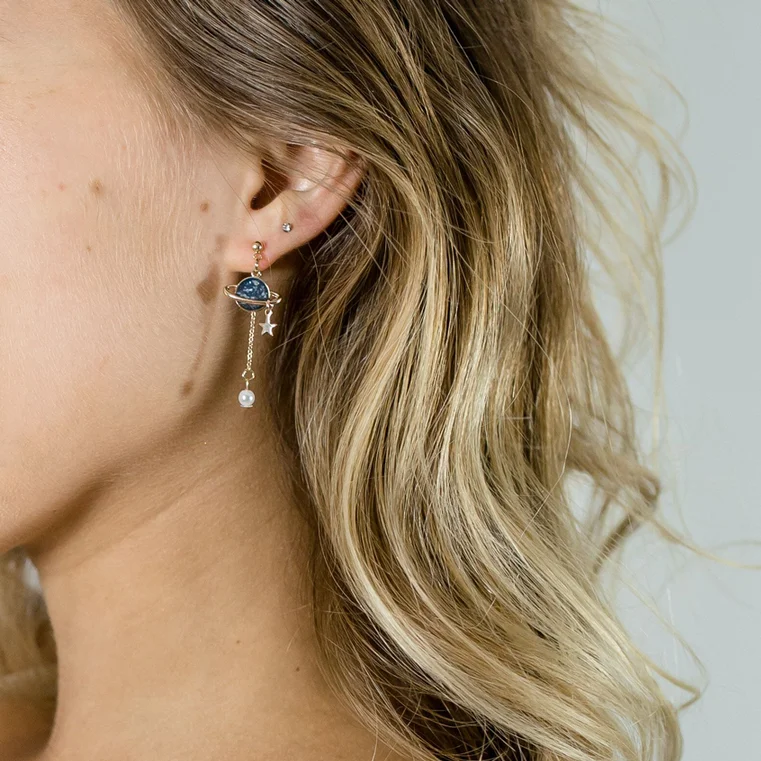 New Slovehoony 18k Gold Designer Purple Saturn Enamel Star Zircon Pearl Earrings Jewelry Drop Dangle Earings For Girls