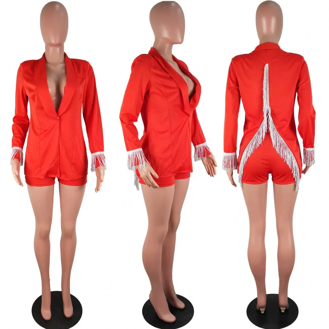 2023 women ladies suits set sexy plus size luxury solid color long sleeve front lace up lapel collar blazer