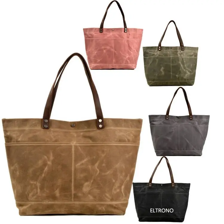 Unisex Oil Waxed Canvas Bags Leather Handle Shopping Waterproof Vintage Women Extra Large Canvas Handbag Tote Supplier