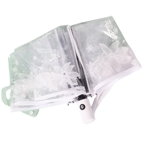 Fashion Sweet Gift Wholesale Automatic Manual Flower Printing Clear Umbrella Transparent Three Folding Umbrellas POE Parasol