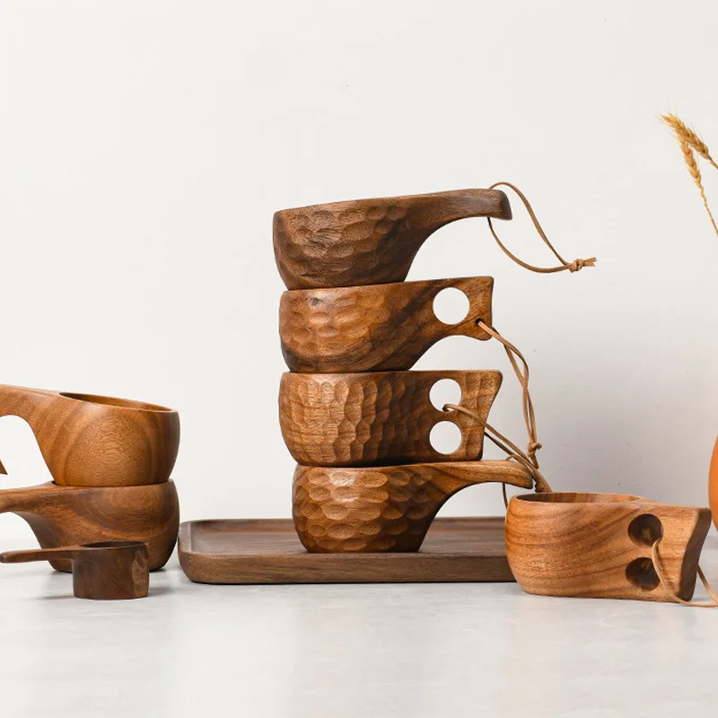 Mug Natural Finland Portable Tea Milk Cup Wood Handle Tea Cup Vintage Wood Grain Big Belly Wooden Coffee Tea Cup