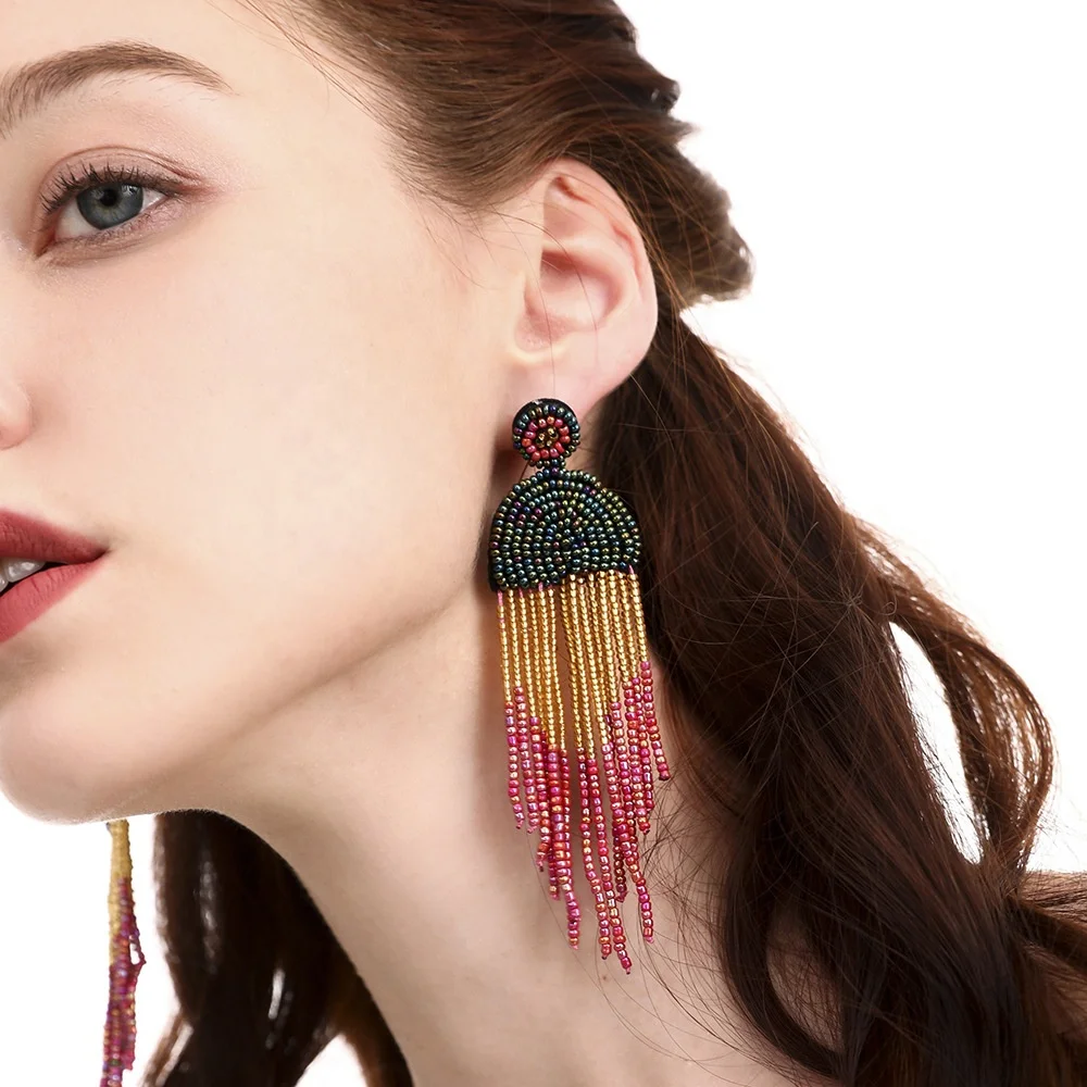 
fashion earrings trend 2021 Handmade Beaded Colored Rice Beads Statement Dangle Fringe Long Stud Bohemian tassel earrings 