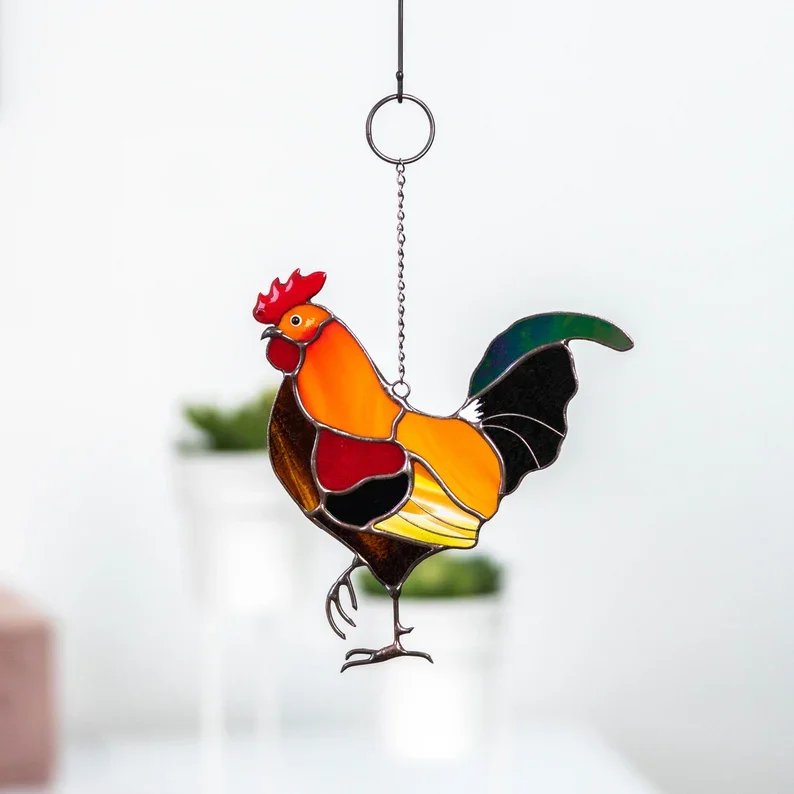 Петух витражное окно висит-изготовленный на заказ птица Suncatcher фермерский дом Декор Рождественские каникулы орнамент