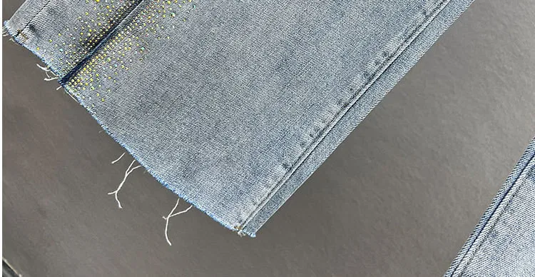 Loose Straight Jeans Women Chinese Tradition Asymmetric Drill Frog Demin Pant