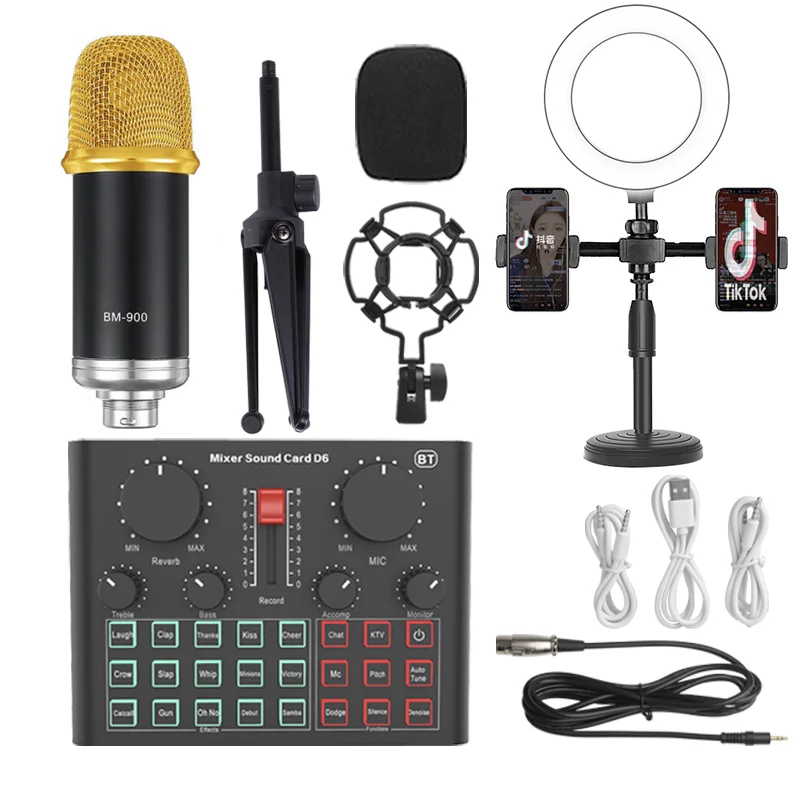 
D6 Mixer Sound Card Dm800 Condenser Microphone Live Phone Set Pc Computer Tripod Professional Game Usb Stream Stand Recording 