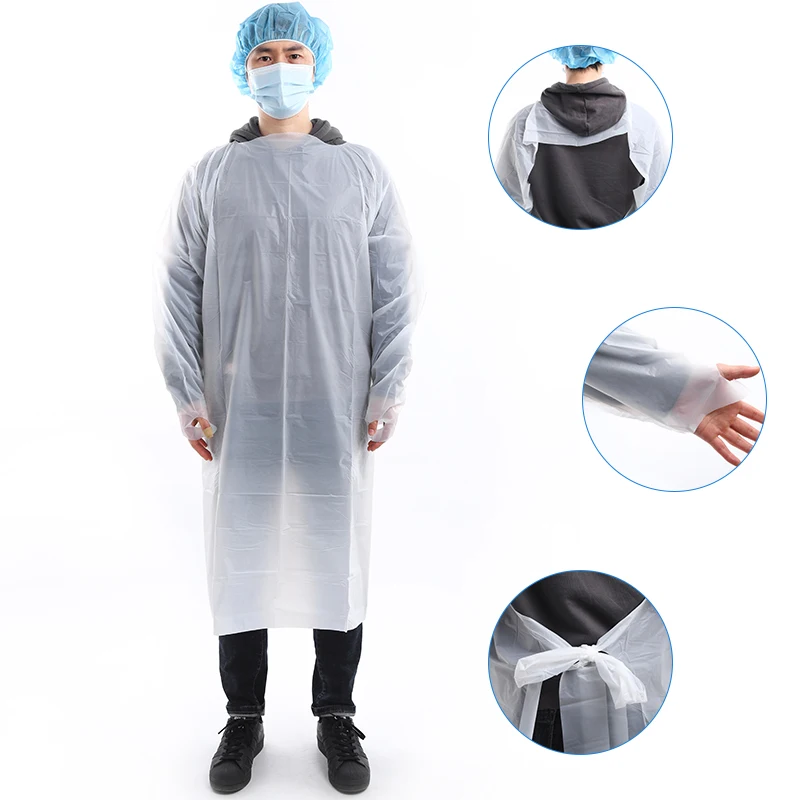 Isolation Gowns Disposable with Thumb Loops Waterproof CPE Blue Odorless PPE Gowns Unisex Adult Labs